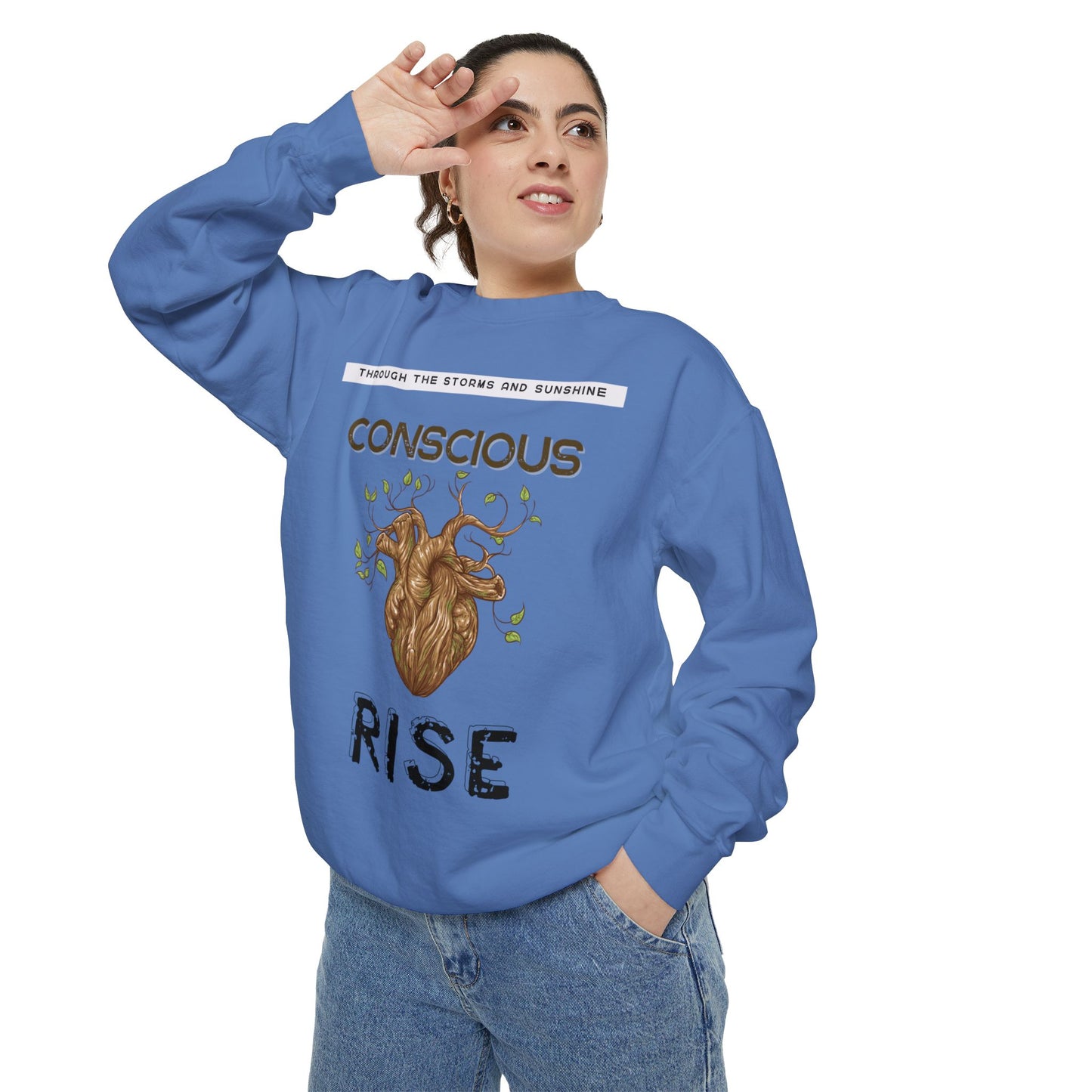 Conscious Rise: Garment-Dyed Sweatshirt with Blooming Tree Design