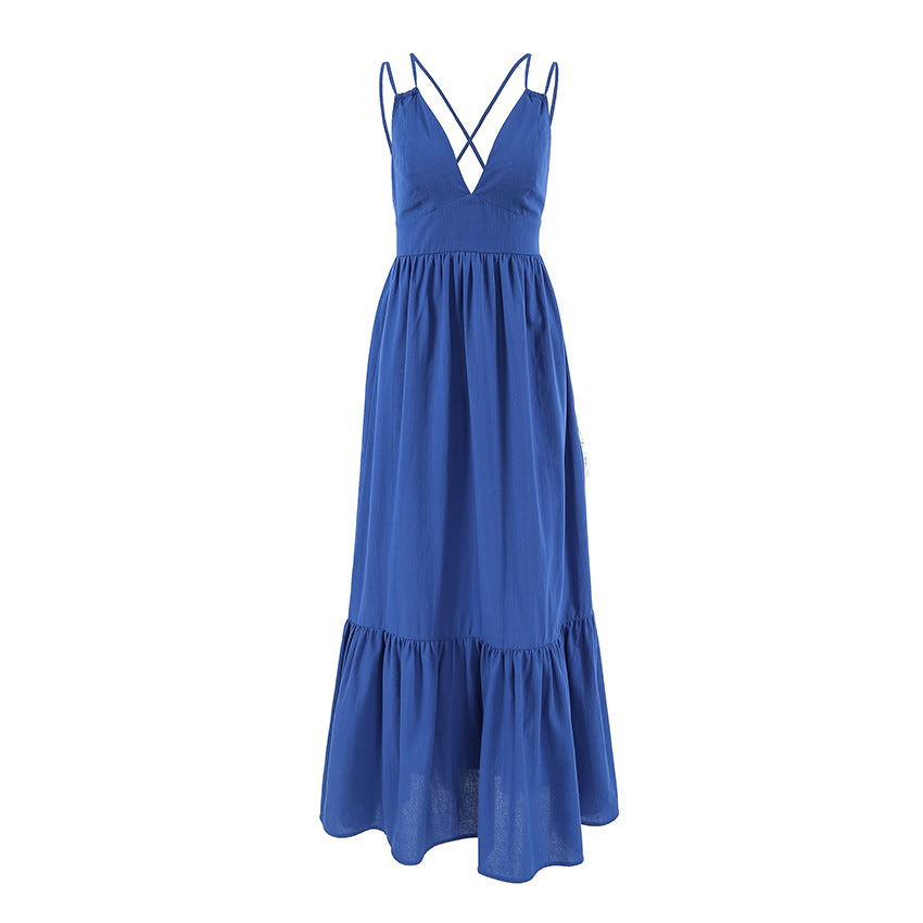 Blue V-neck camisole dress women's loose cotton and linen dress A-list long skirt