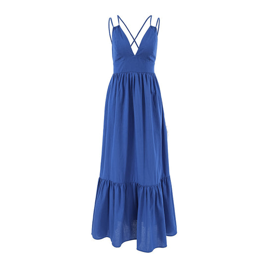 Blue V-neck camisole dress women's loose cotton and linen dress A-list long skirt
