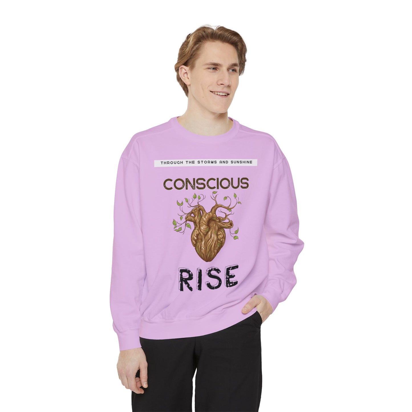 Conscious Rise: Garment-Dyed Sweatshirt with Blooming Tree Design