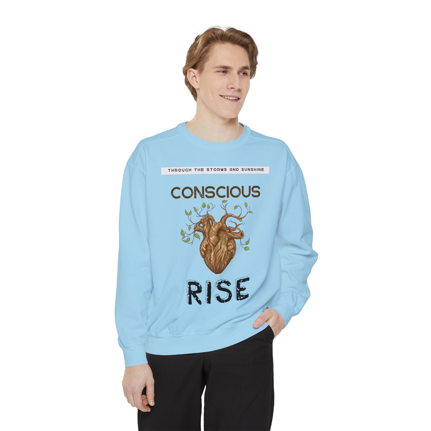 Conscious Rise: Garment-Dyed Sweatshirt with Blooming Tree Design
