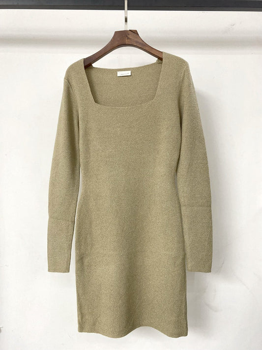 organic cotton blend knitted simple base skirt square neck slim dress
