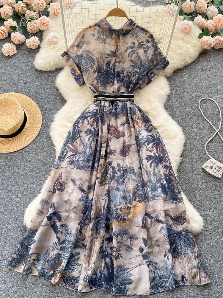 Fashion Runway Cotton Shirt Dress Women's Short Sleeve Elegant Floral Butterfly Print Belt OL Midi Dress