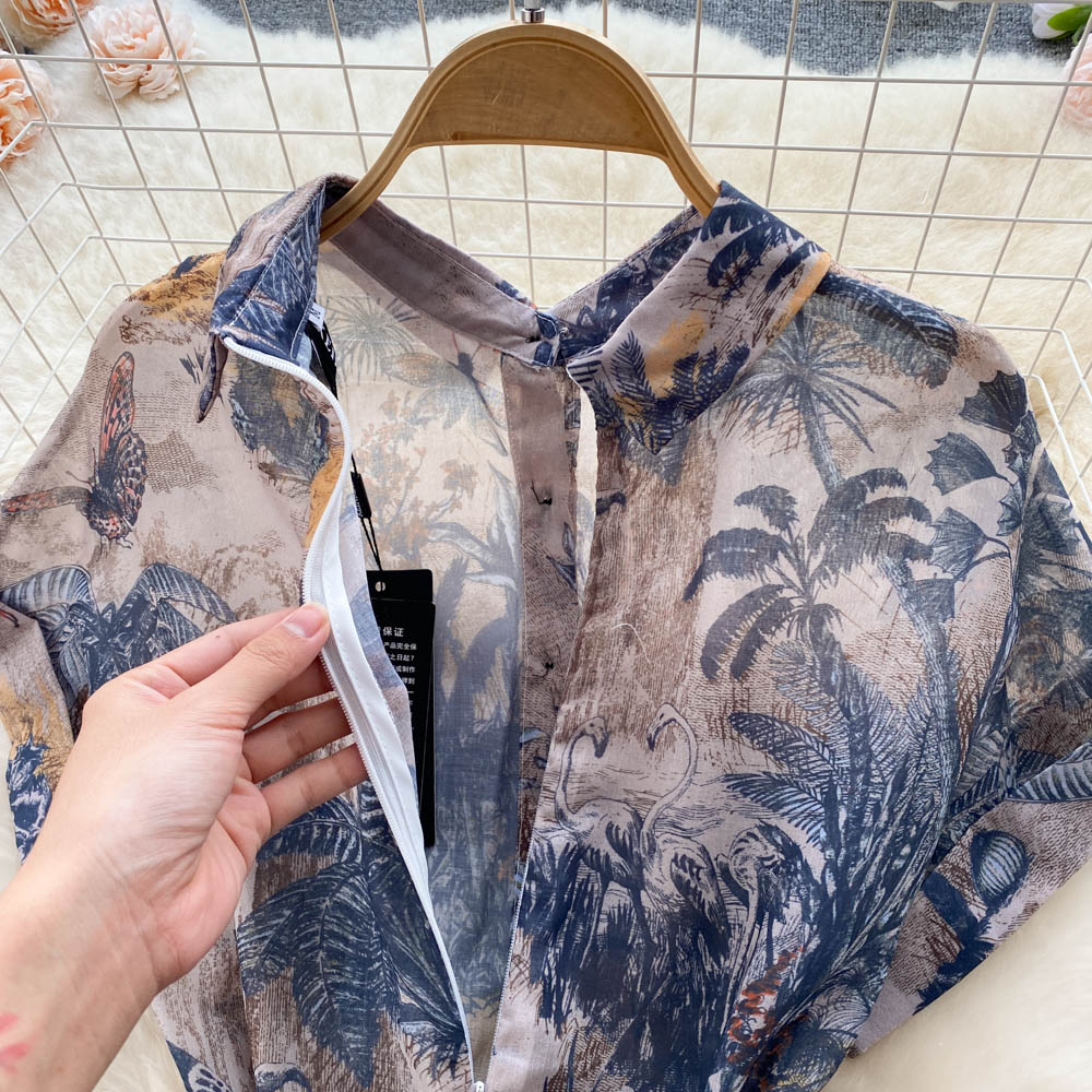 Fashion Runway Cotton Shirt Dress Women's Short Sleeve Elegant Floral Butterfly Print Belt OL Midi Dress