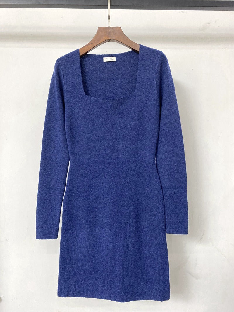 organic cotton blend knitted simple base skirt square neck slim dress