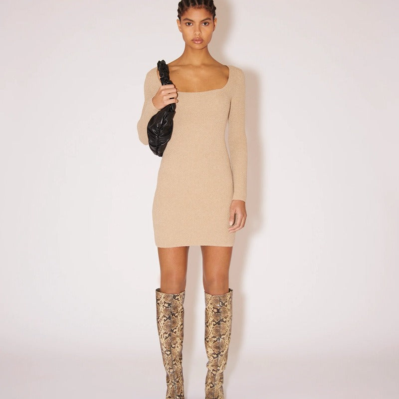 organic cotton blend knitted simple base skirt square neck slim dress