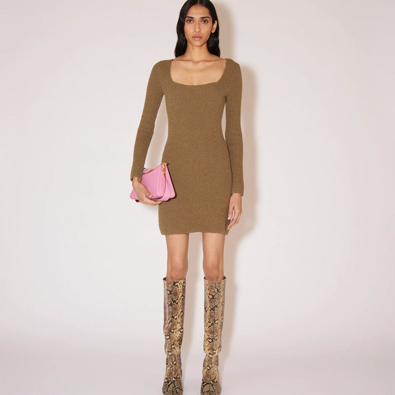 organic cotton blend knitted simple base skirt square neck slim dress