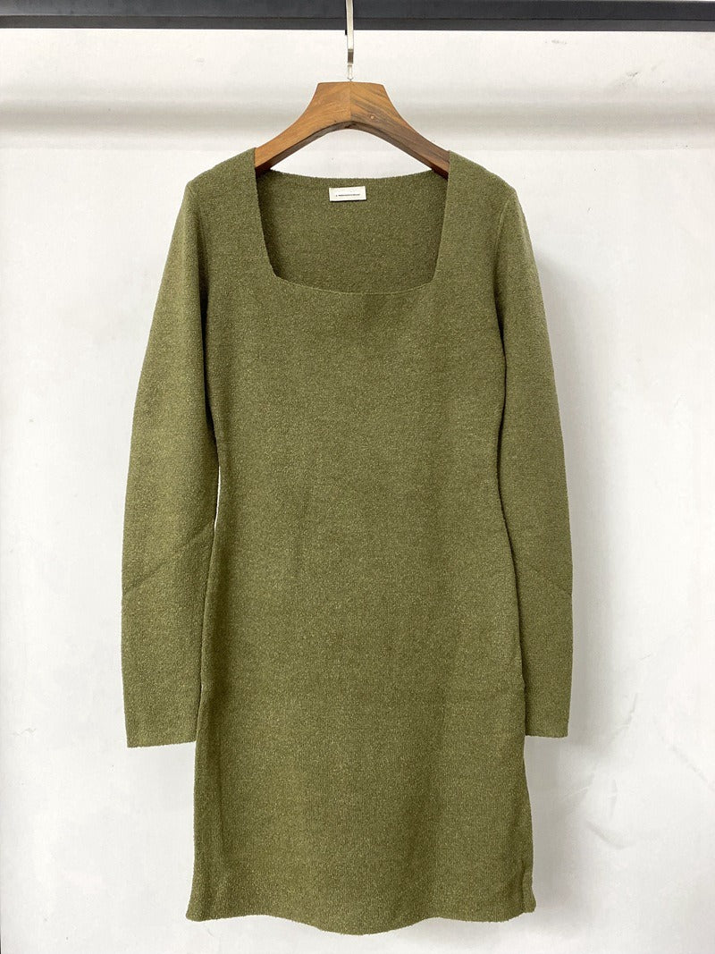 organic cotton blend knitted simple base skirt square neck slim dress